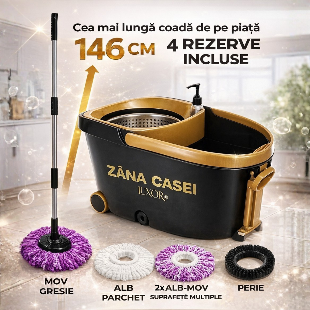 Mop Rotativ Zâna Casei® Luxor – Set Premium cu 4 Rezerve, Cuva din Inox