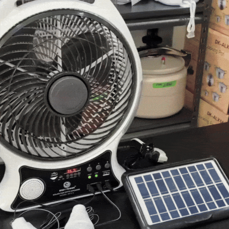 Ventilator Solar Portabil 5 în 1 — Bluetooth, Radio FM, LED, USB, 4-13h Autonomie ZanaCasei.Ro