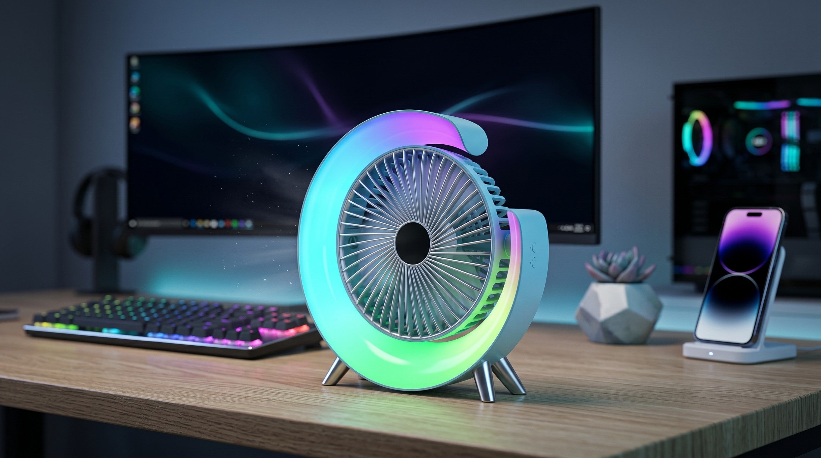 Mini aer conditionat cu ventilatie, cu 5 moduri de iluminare LED, ajustabil 180°, alimentare USB-C, portabil, pentru masa sau birou