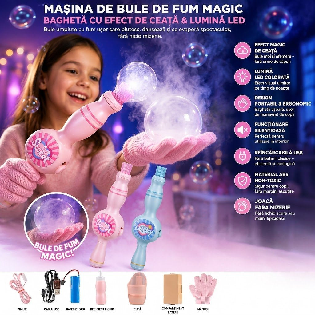Masina de Bule de Fum Magic – Bagheta cu Efect de Ceata, Lumina Roz LED