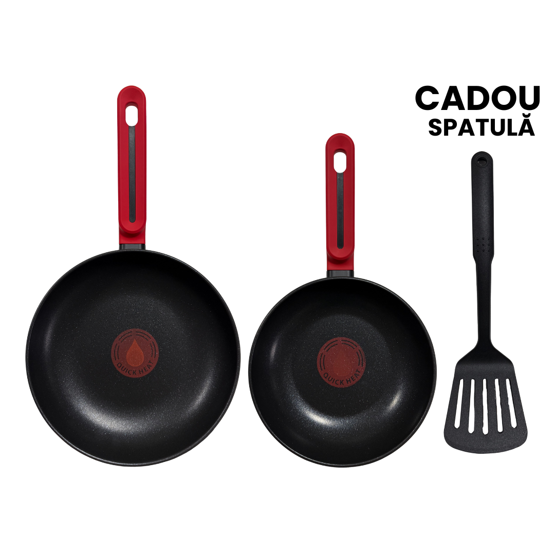 Set de 2 tigăi din oțel carbon, antiaderente, cu indicator de temperatură și spatulă cadou