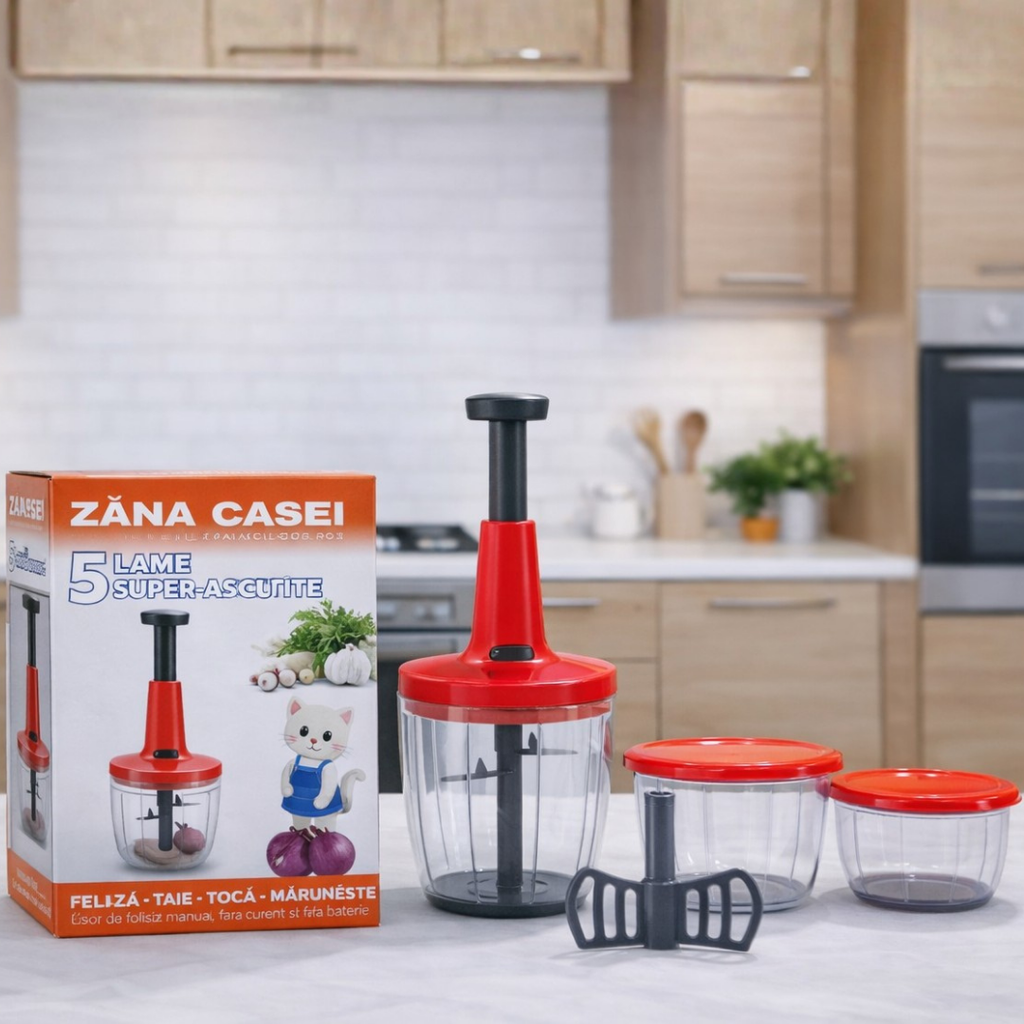 Chopper Manual Multifuncțional 5 Lame Inox, 2 Recipiente 900ml + 400ml, Accesoriu pentru Amestecare Rapidă, Fără Curent, Roșu