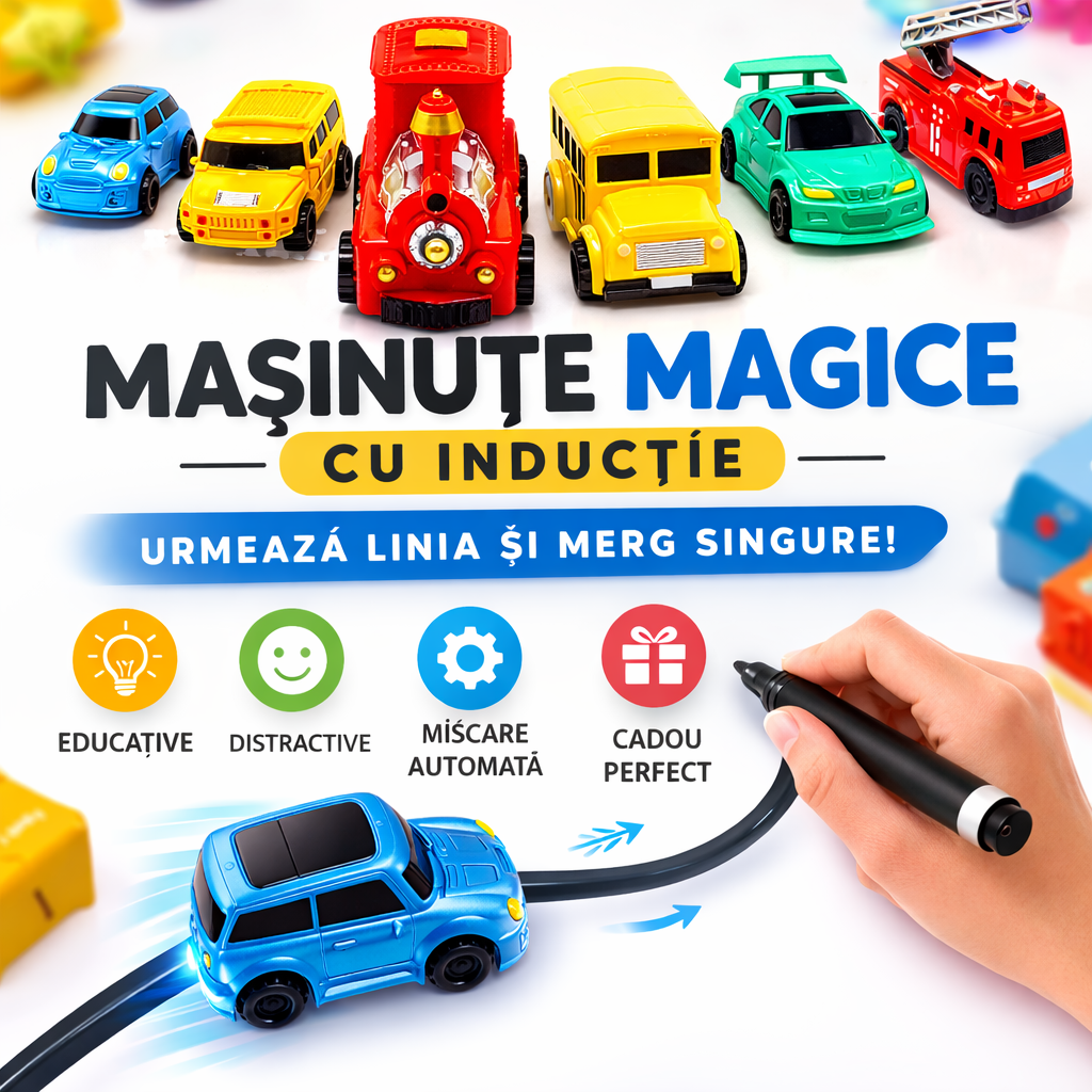 Mașinuță Magică cu Inducție – Urmează Linia Desenată, Set cu Marker și Baterii, 1 Bucată (Model Aleatoriu)