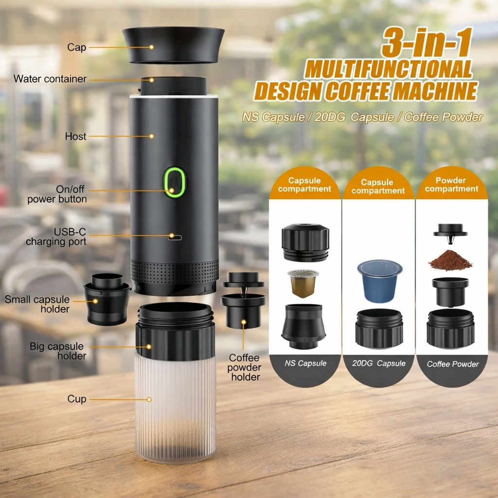 Espressor Portabil 3 în 1 – Nespresso, Dolce Gusto & Cafea Măcinată, 20 BAR, USB-C