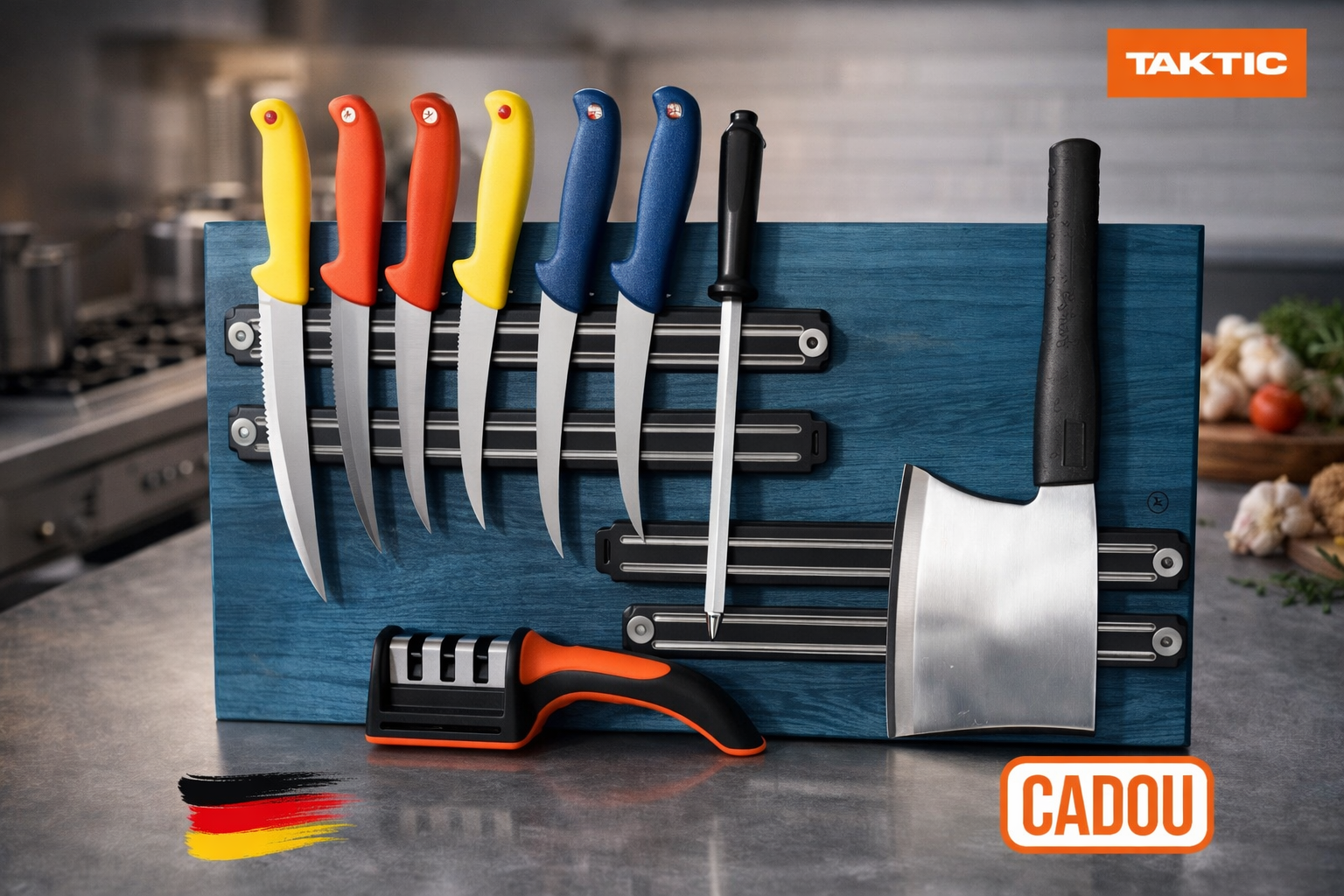 Set Cuțite Profesionale Măcelărie 8 Piese – 6 Cuțite + Satâr Masiv + Masat Magnetic, Oțel Inox