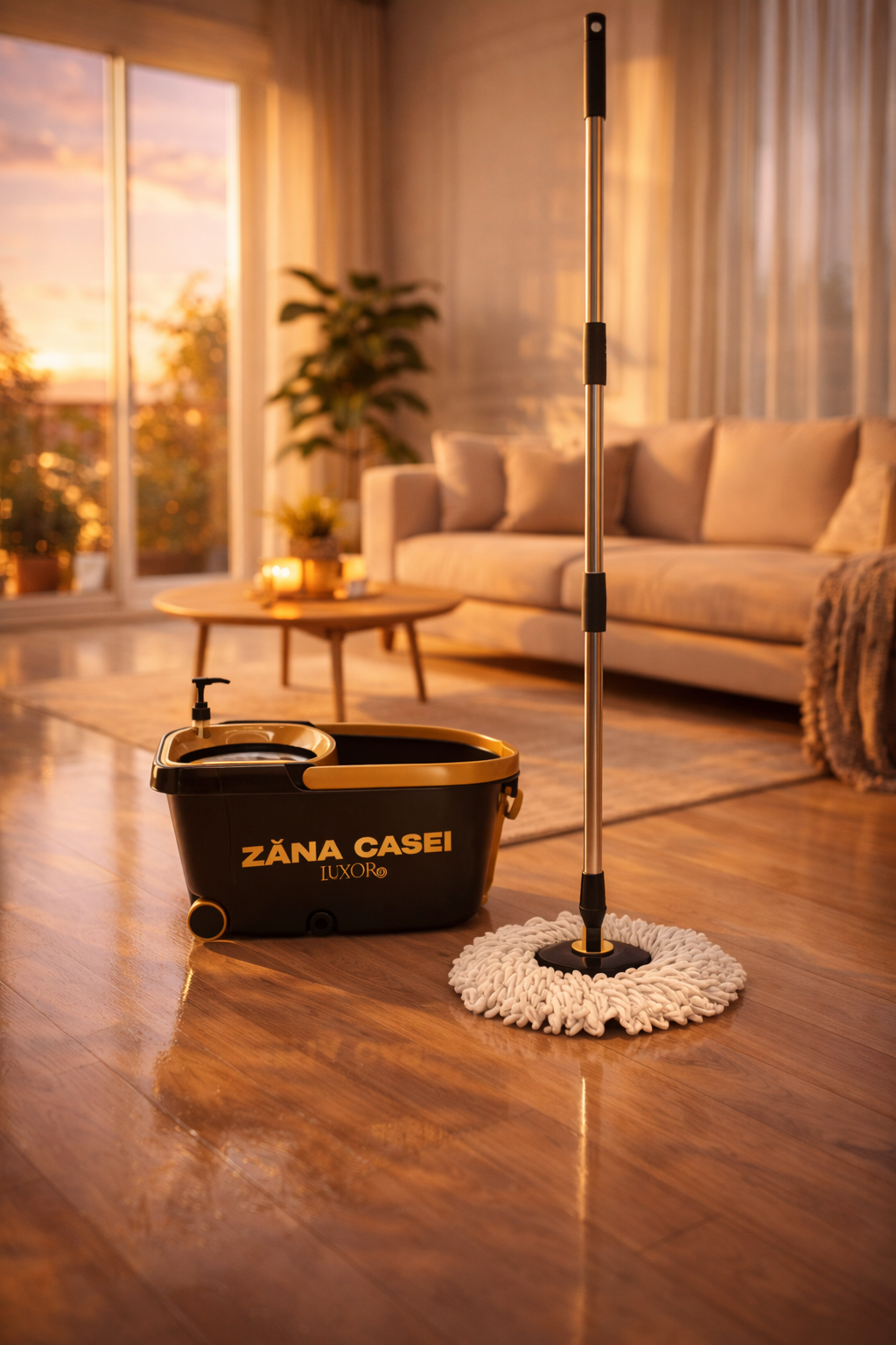 Mop Rotativ Zâna Casei® Luxor – Set Premium cu 4 Rezerve, Cuva din Inox