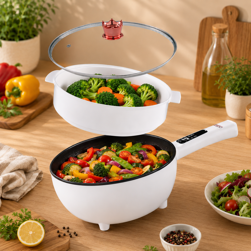 Tigaie Electrică Multifuncțională 1000W 3.5L – Prăjire, Fierbere, Abur, Timer, Fără Aragaz