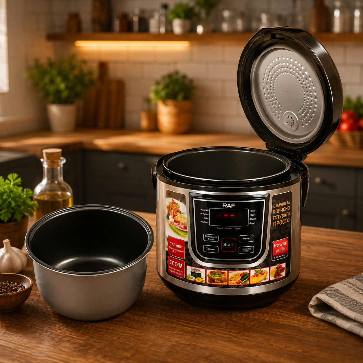 Oală Multifuncțională 6L 900W – 12 Programe, Vas Ceramic, Display Digital, Accesorii Incluse