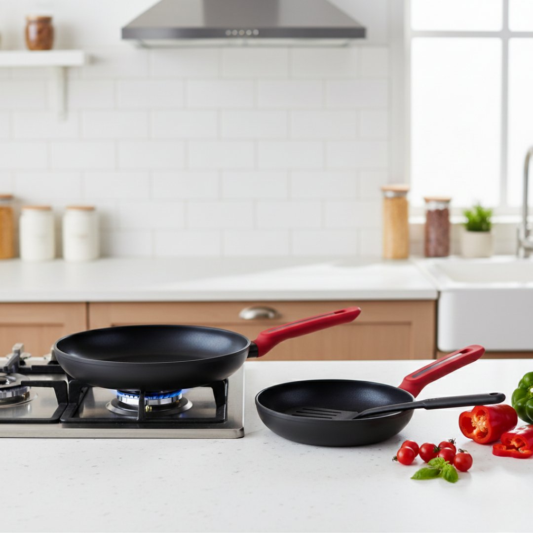 Set de 2 tigăi din oțel carbon, antiaderente, cu indicator de temperatură și spatulă cadou