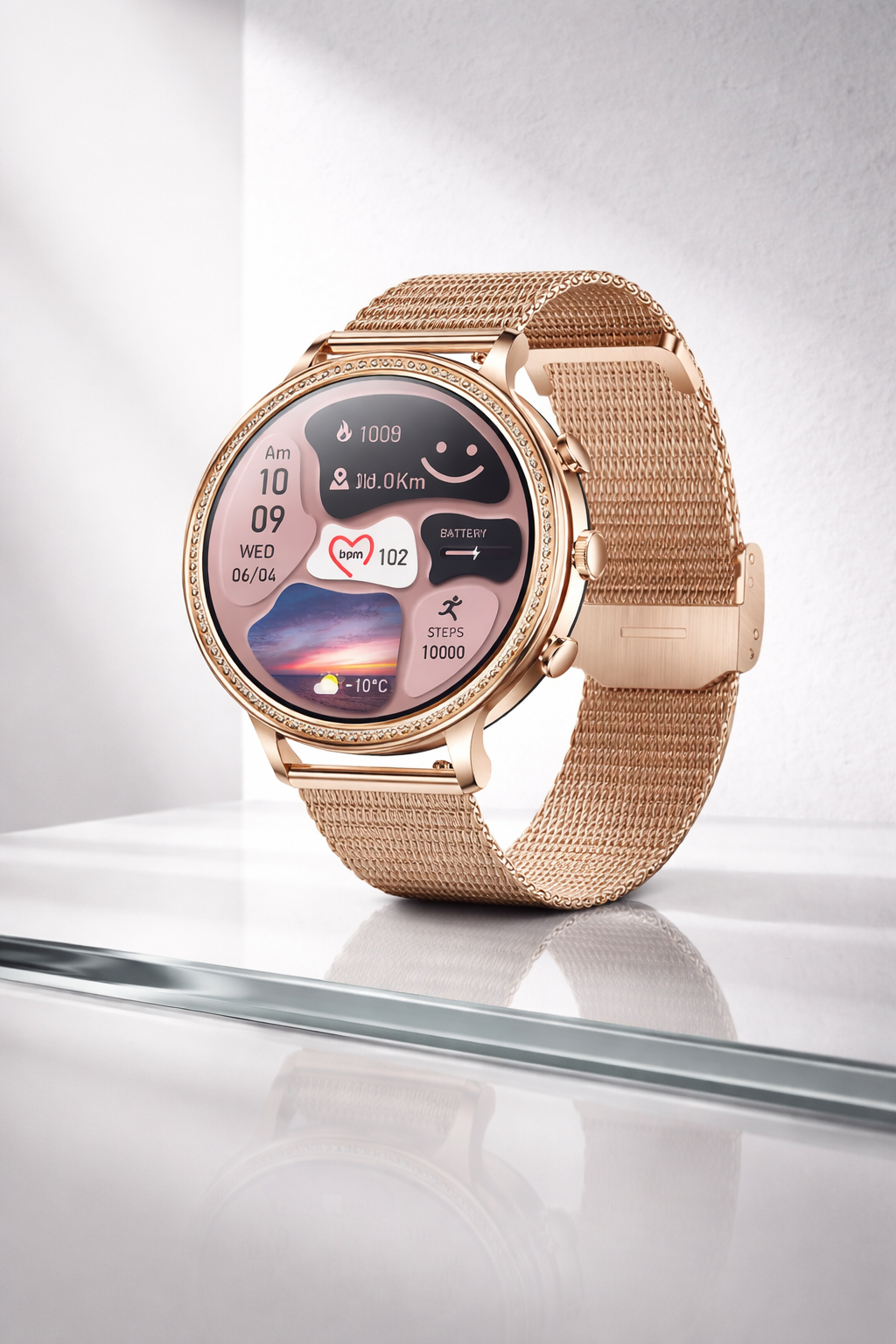 Ceas Smartwatch Dama, Curea Metalica și Silicon Sunshine Gold