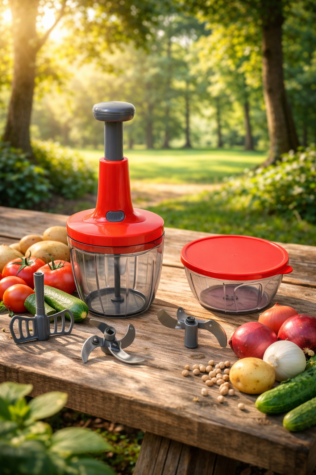 Chopper Manual Multifuncțional 5 Lame Inox, 2 Recipiente 900ml + 400ml, Accesoriu pentru Amestecare Rapidă, Fără Curent, Roșu