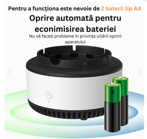 Scrumiera electrica cu aspiratie directa, rasina epoxidica anti-topire, purificator de aer cu ioni negativi, odorizant pentru eliminarea mirosului, fumului, pentru casa, birou, masina, functioneaza cu baterii, cu oprire automata, alba