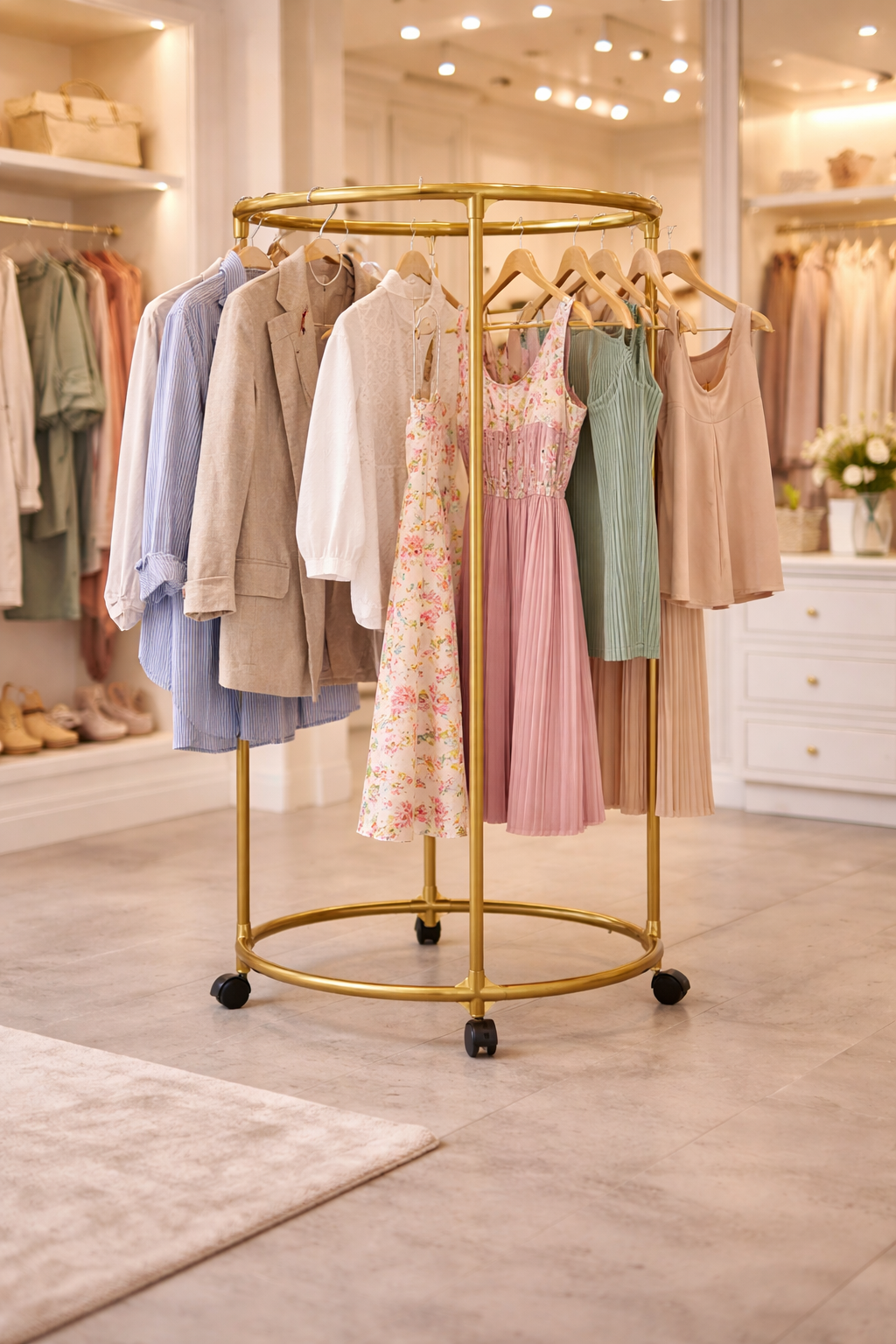 Suport Rotund Haine Oțel Inox Auriu 130cm – Capacitate 40kg, Pe Roți Pivotante, Cârlige Accesorii