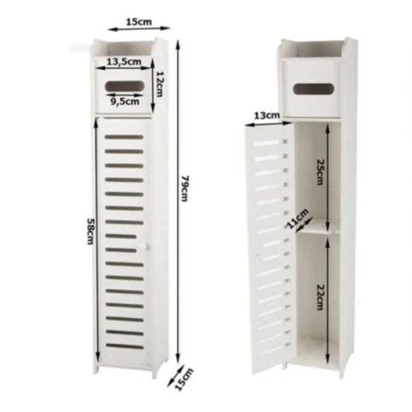 Dulap Îngust de Baie 3-în-1 – Suport Hartie Igienică, Rafturi și Depozitare Ascunsă, Alb Premium