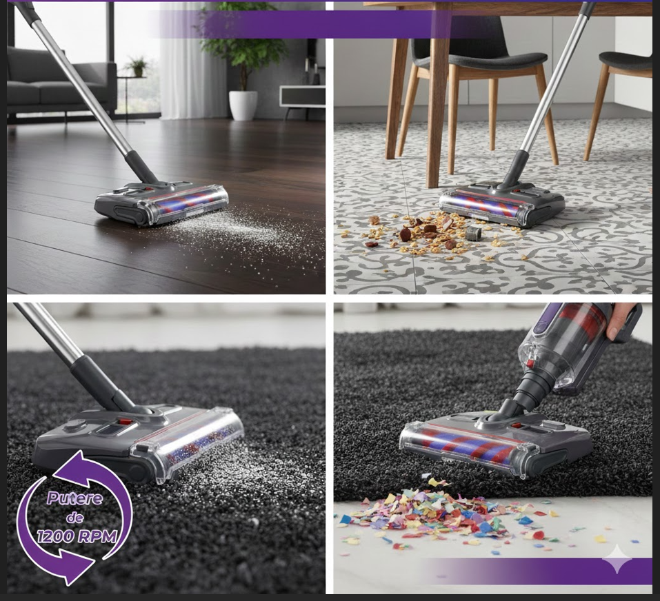 Aspirator Electric Fără Fir cu Perie Auto-Curățare – Ultra Ușor, Puternic, Silențios, Ideal pentru Păr de Animale, Podele și Covoare