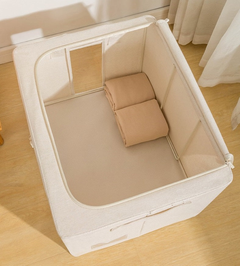 Cutie de Depozitare Pliabilă Crem, 66L – Textil Premium, Fereastră, Fermoar Dublu, Cadru Metalic, 50x40x33 cm