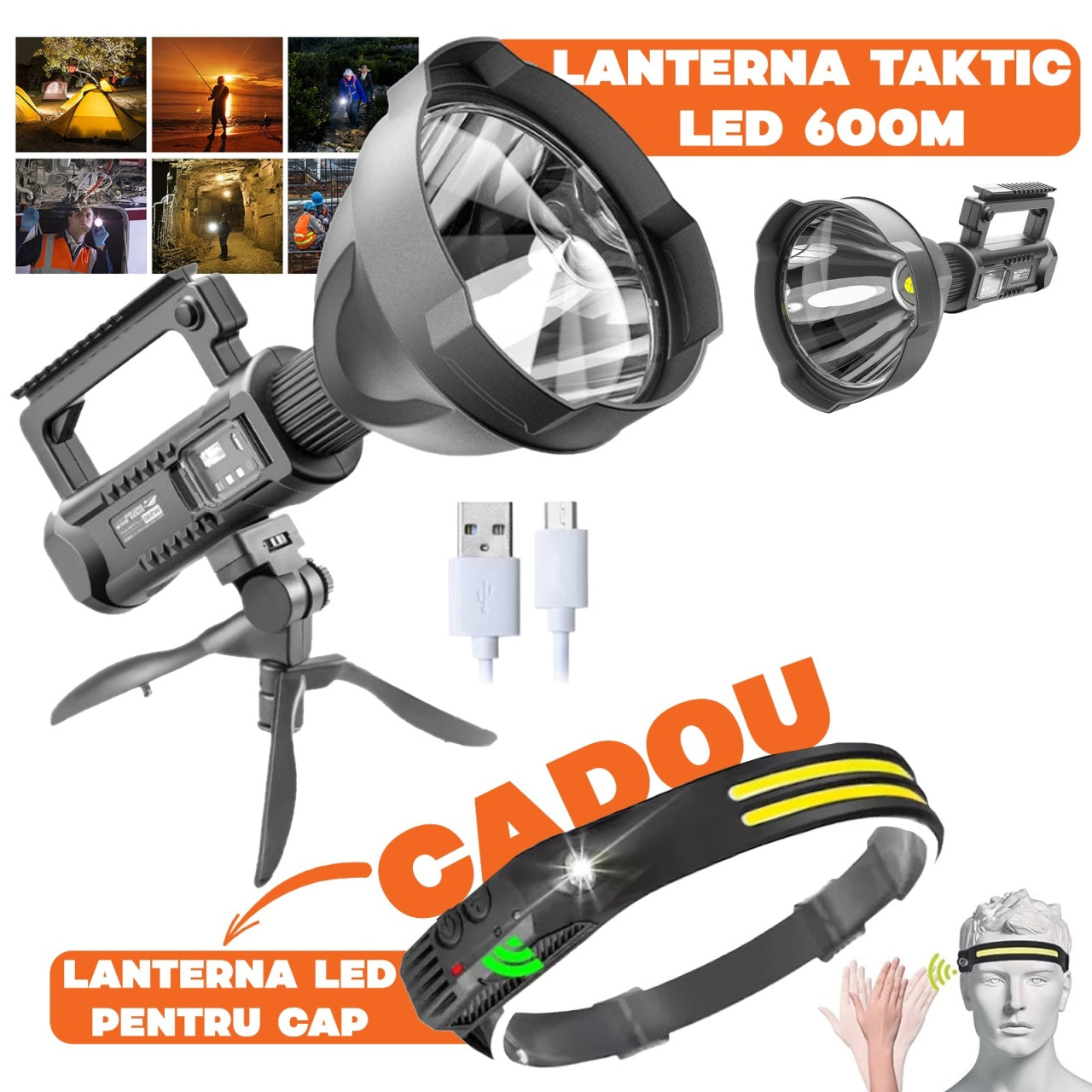 Lanternă Reîncărcabilă LED 31cm 4000lm + Powerbank USB + Trepied +