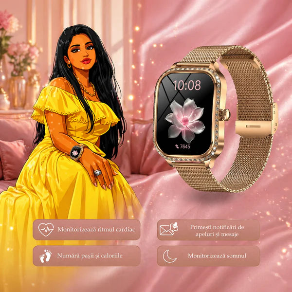 Smartwatch pentru Dama – Ecran FULL HD 1.75”, Monitorizare Sănătate, 130 Sporturi & Notificări