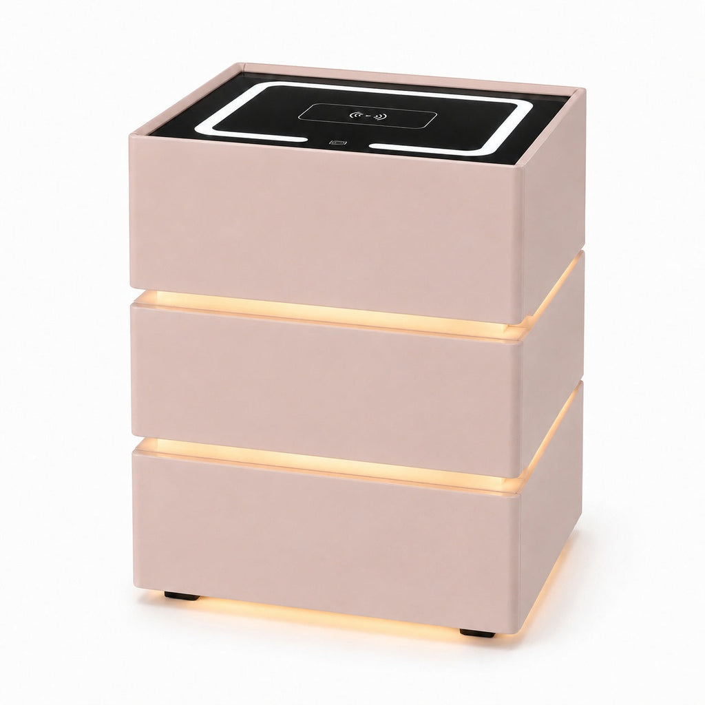 Noptieră modernă roz cu lumină ambientală LED și încărcare wireless ZanaCasei.Ro