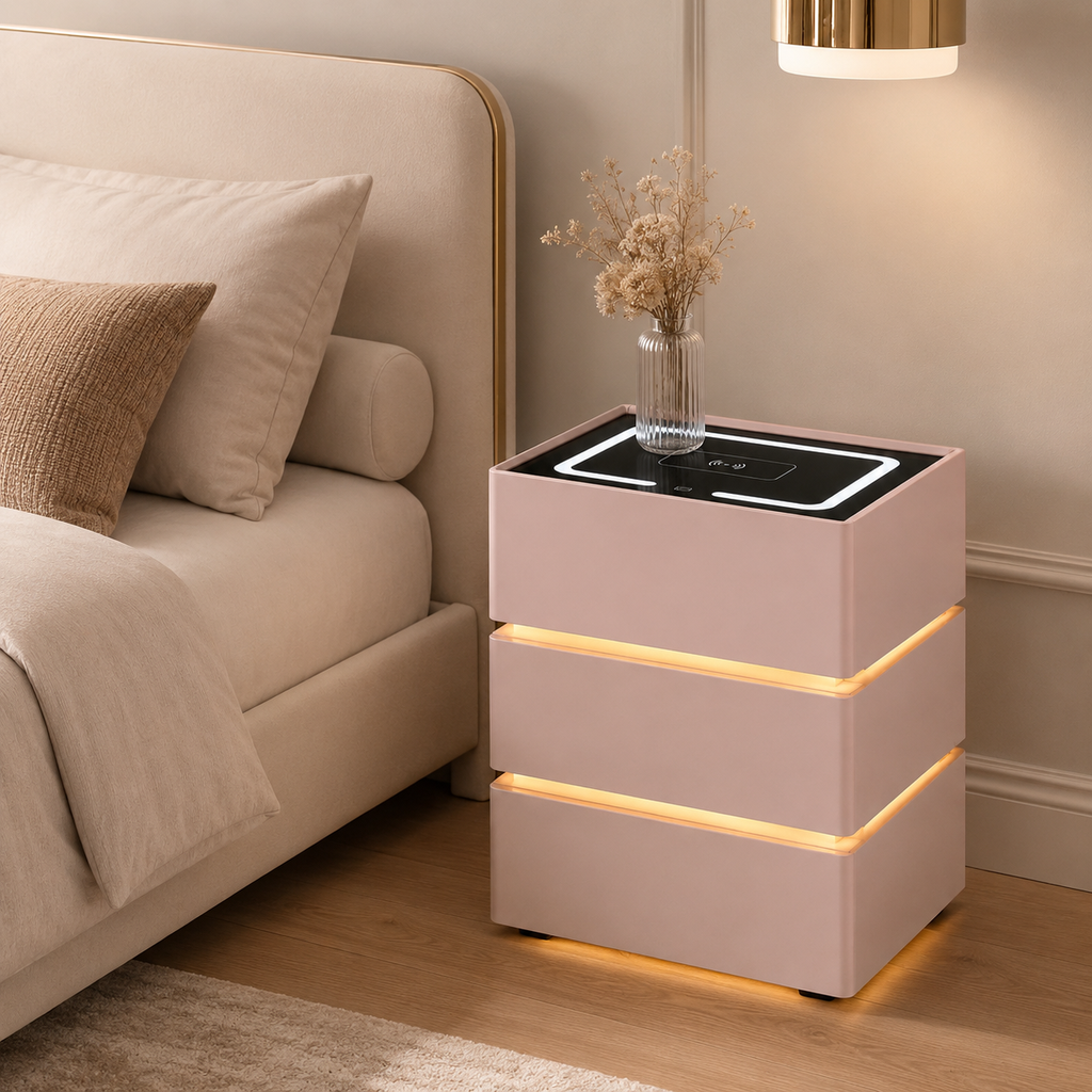 Noptieră modernă roz cu lumină ambientală LED și încărcare wireless ZanaCasei.Ro