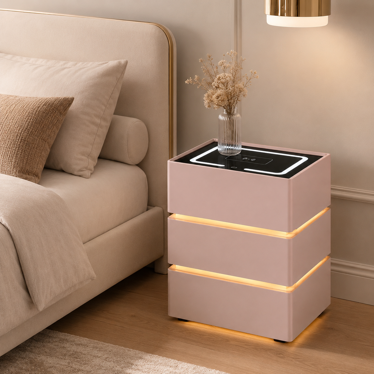Noptieră modernă roz cu lumină ambientală LED și încărcare wireless ZanaCasei.Ro