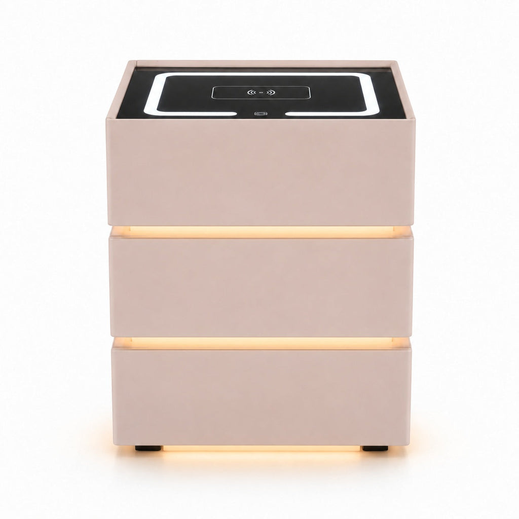 Noptieră modernă roz cu lumină ambientală LED și încărcare wireless ZanaCasei.Ro