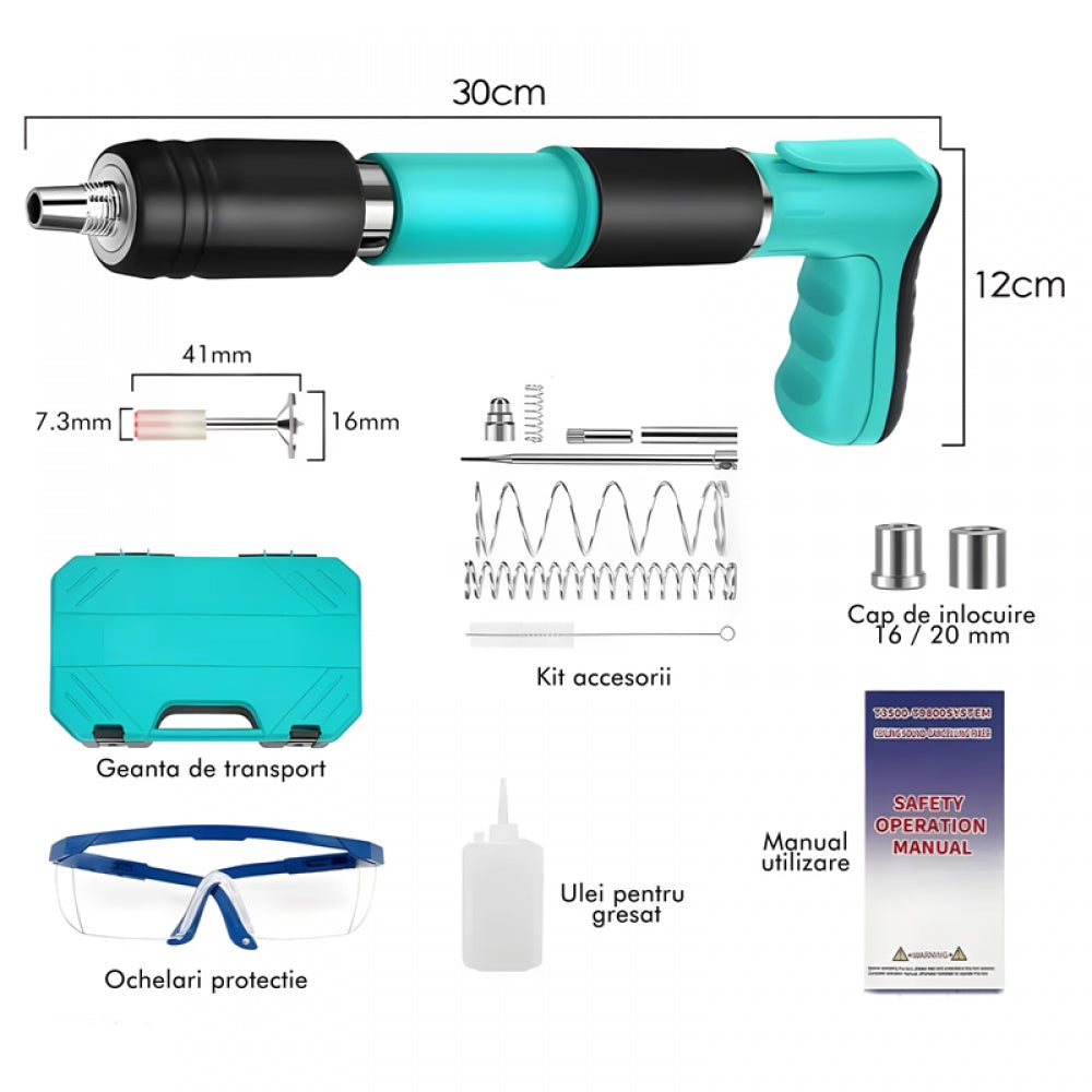 Pistol Manual Silențios de Bătut Cuie in Beton & Metal, 3 Trepte, 50 Cuie Incluse