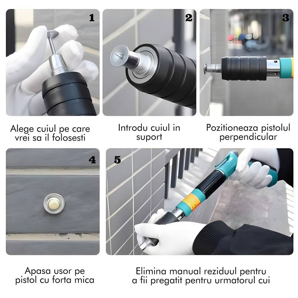 Pistol Manual Silențios de Bătut Cuie in Beton & Metal, 3 Trepte, 50 Cuie Incluse