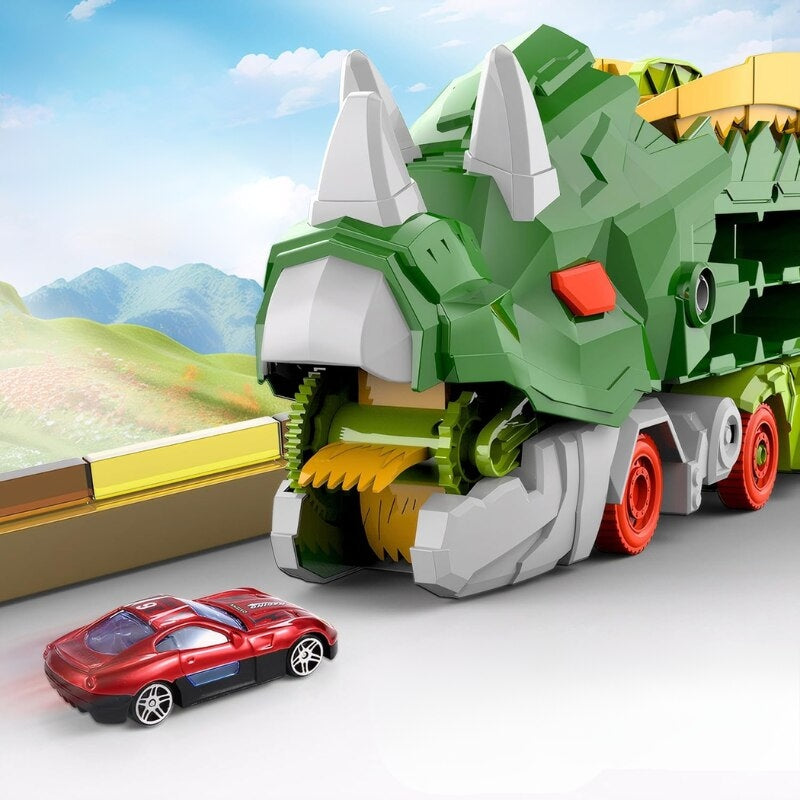 Set Multifunctional Dinozaur 2-in-1, Camion de Transport si Rampa de Lansare cu 2 Masinute