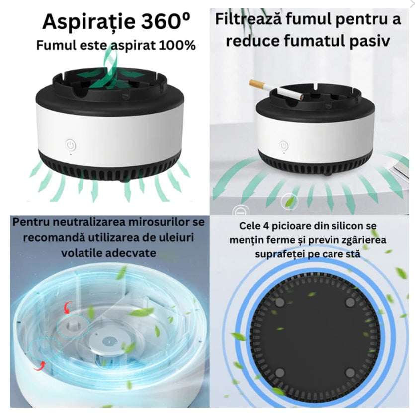 Scrumiera electrica cu aspiratie directa, rasina epoxidica anti-topire, purificator de aer cu ioni negativi, odorizant pentru eliminarea mirosului, fumului, pentru casa, birou, masina, functioneaza cu baterii, cu oprire automata, alba