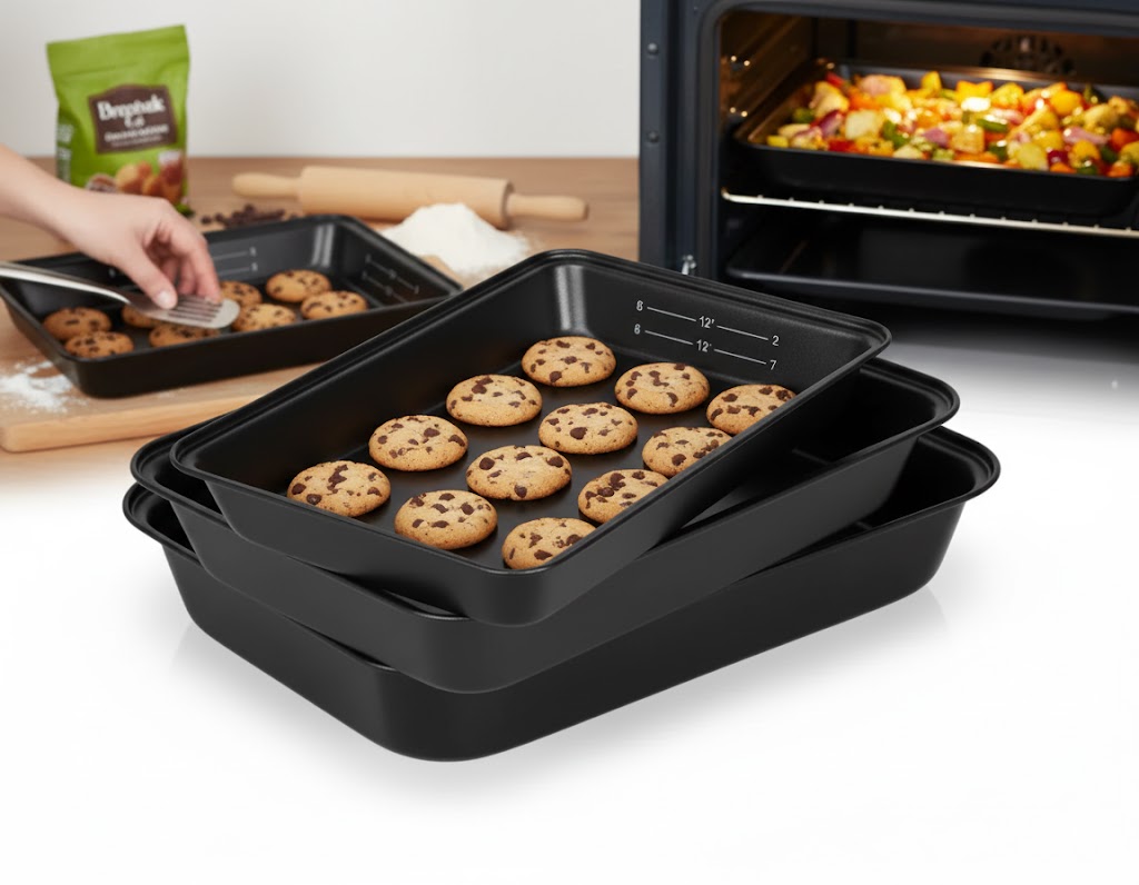 Set 3 Tăvi Antiaderente din Oțel Durabil – Rezistente, Ușor de Curățat, Fără PFAS